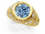 Yellow gold Bezel Set Fancy Blue Round Cut Diamond Milgrain Band Ring_1
