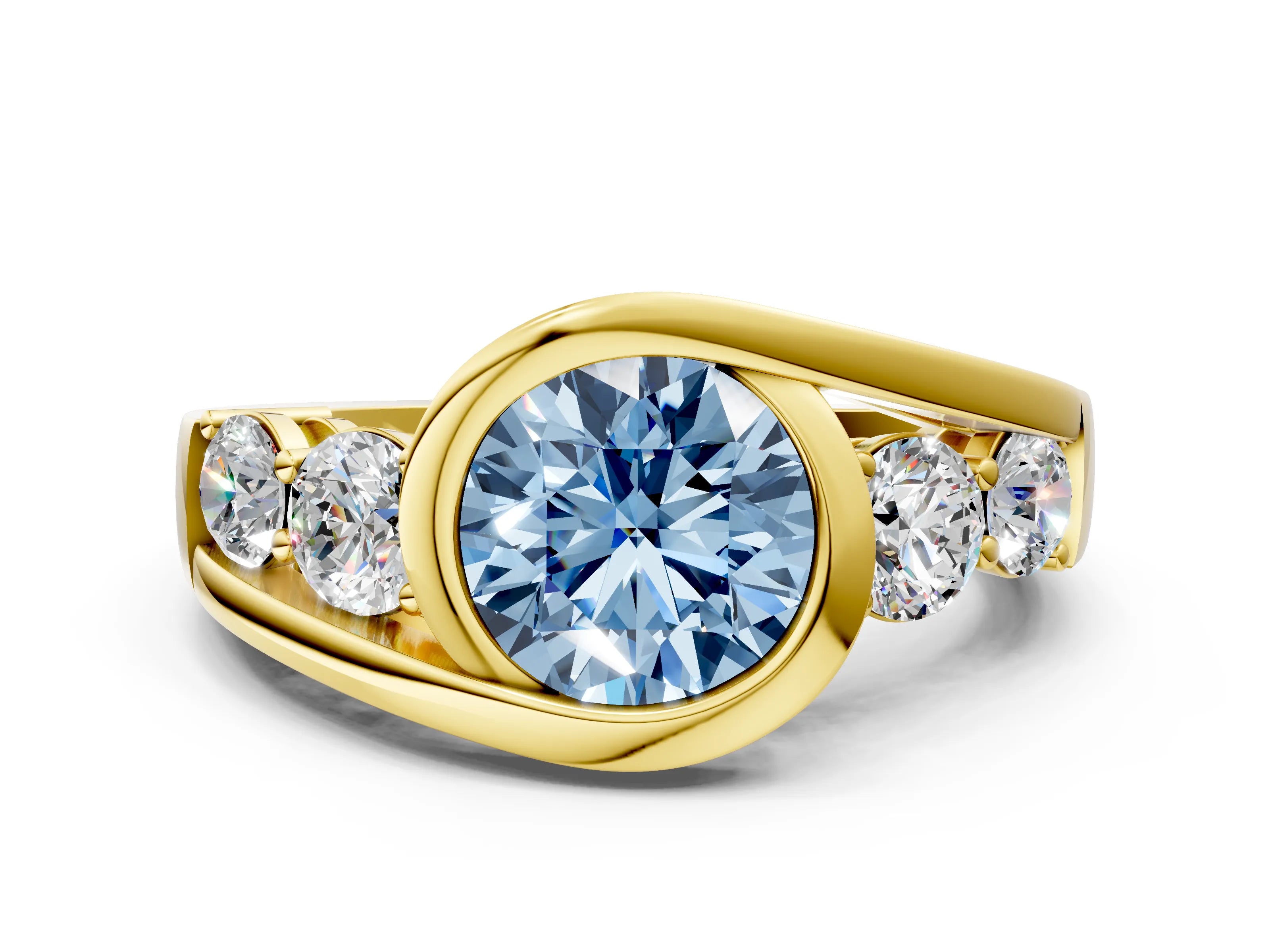 Yellow gold Bezel Set Fancy Blue Round Cut Diamond Split Shank Ring