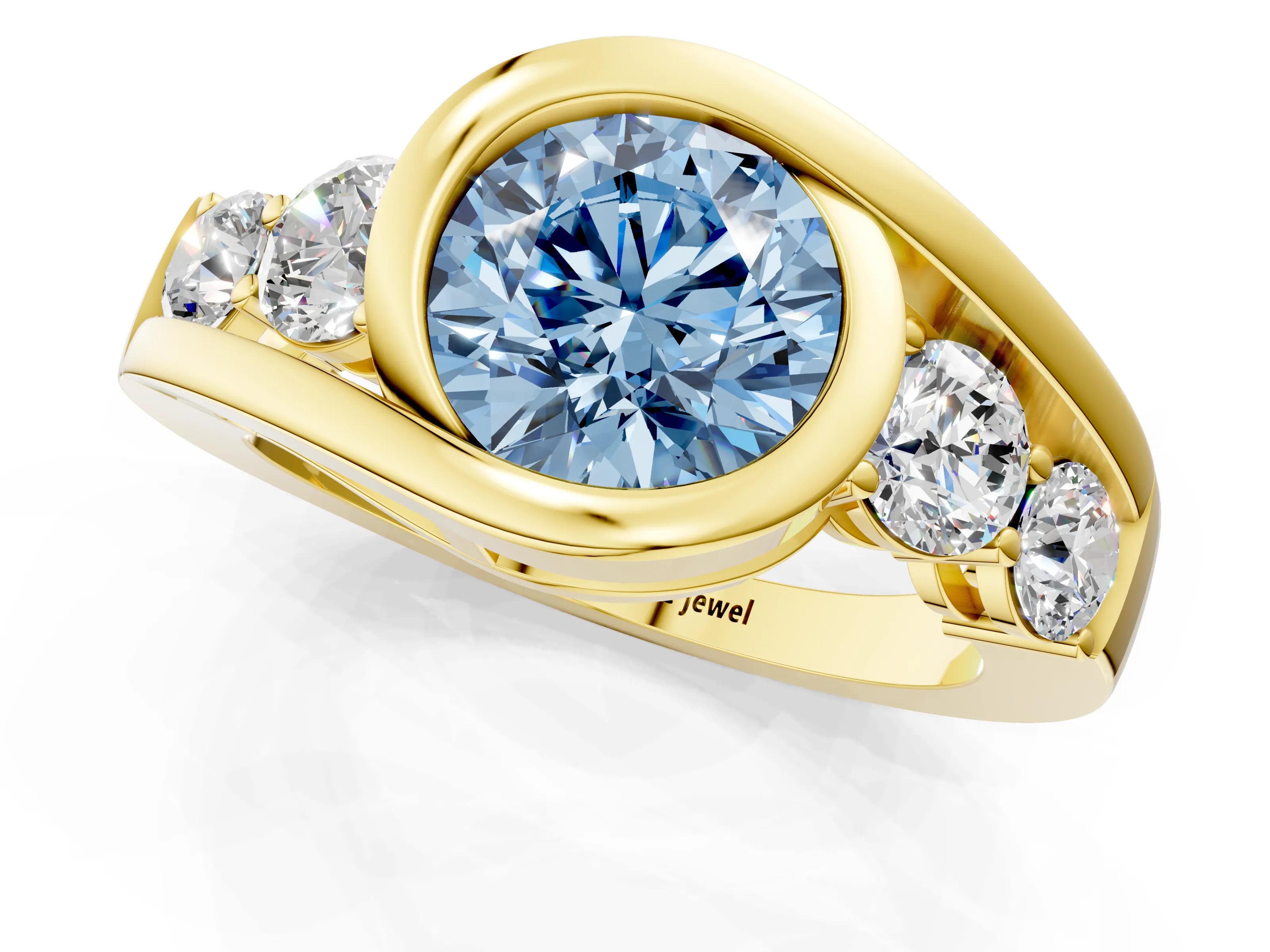 Yellow gold Bezel Set Fancy Blue Round Cut Diamond Split Shank Ring_1