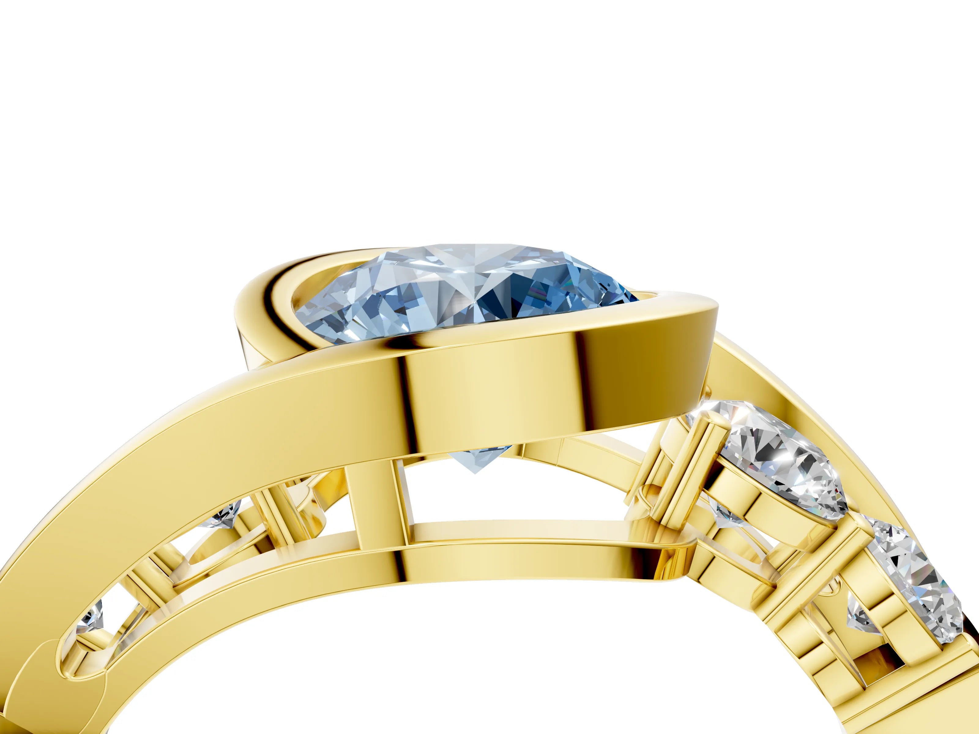 Yellow gold Bezel Set Fancy Blue Round Cut Diamond Split Shank Ring_4