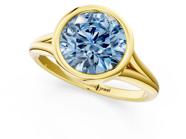 Yellow gold Bezel Set Fancy Blue Round  Cut Solitaire Ring with Tapered Band