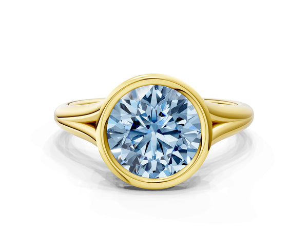 Yellow gold Bezel Set Fancy Blue Round  Cut Solitaire Ring with Tapered Band