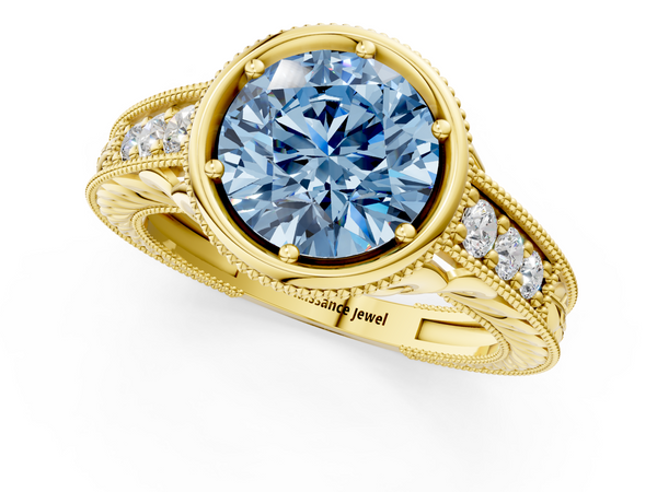 Yellow gold Bezel Set Fancy Blue Round  Diamond Milgrain Pave Engagement Ring