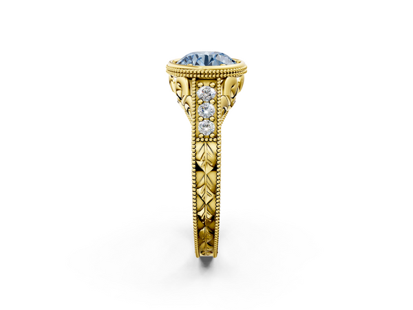 Yellow gold Bezel Set Fancy Blue Round  Diamond Milgrain Pave Engagement Ring