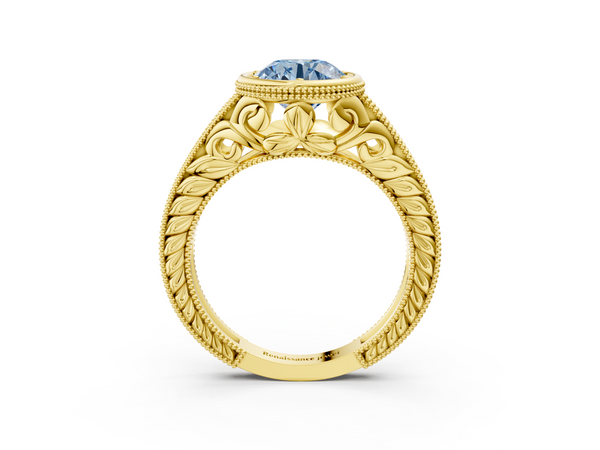 Yellow gold Bezel Set Fancy Blue Round  Diamond Milgrain Pave Engagement Ring