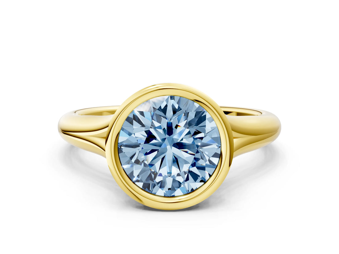 Yellow gold Bezel Set Fancy Blue Round  Solitaire Diamond Ring with Smooth Band 1