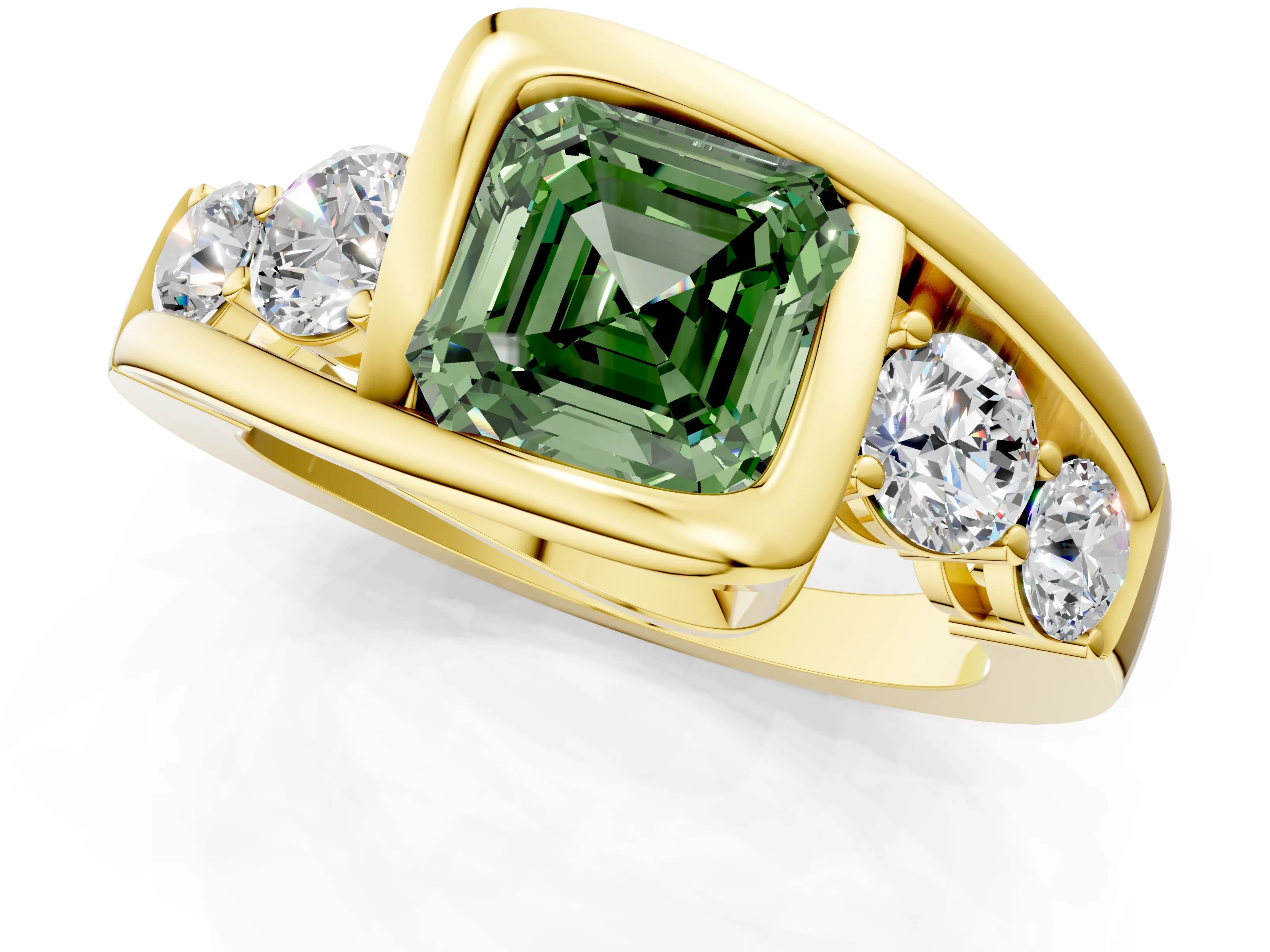 Yellow gold Bezel Set Fancy Green Asscher Cut Diamond Split Shank Ring_1