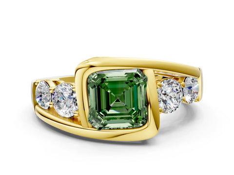 Yellow gold Bezel Set Fancy Green Asscher Cut Diamond Split Shank Ring
