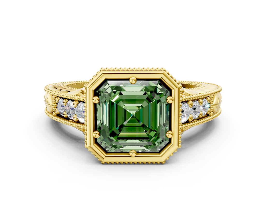 Yellow gold Bezel Set Fancy Green Asscher  Diamond Milgrain Pave Engagement Ring_17