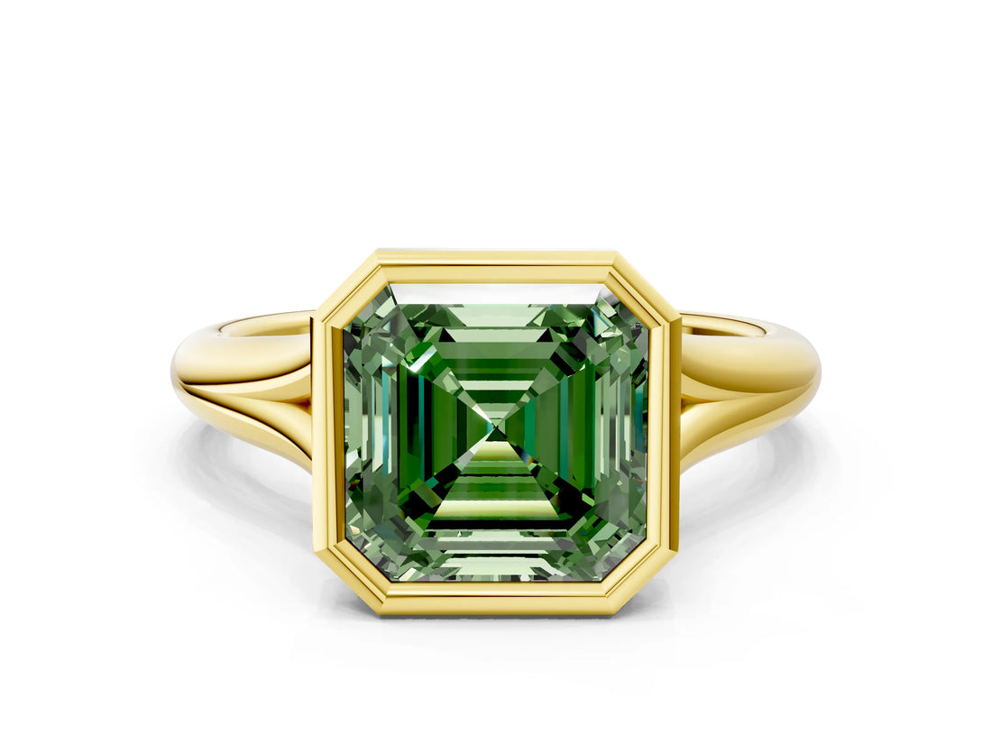Yellow gold Bezel Set Fancy Green Asscher  Solitaire Diamond Ring with Smooth Band 1