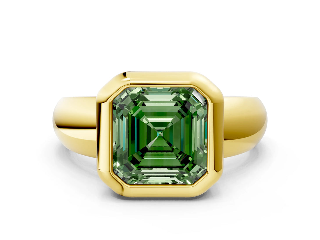 Yellow gold Bezel Set Fancy Green Asscher  Solitaire Ring with Wide Band 1