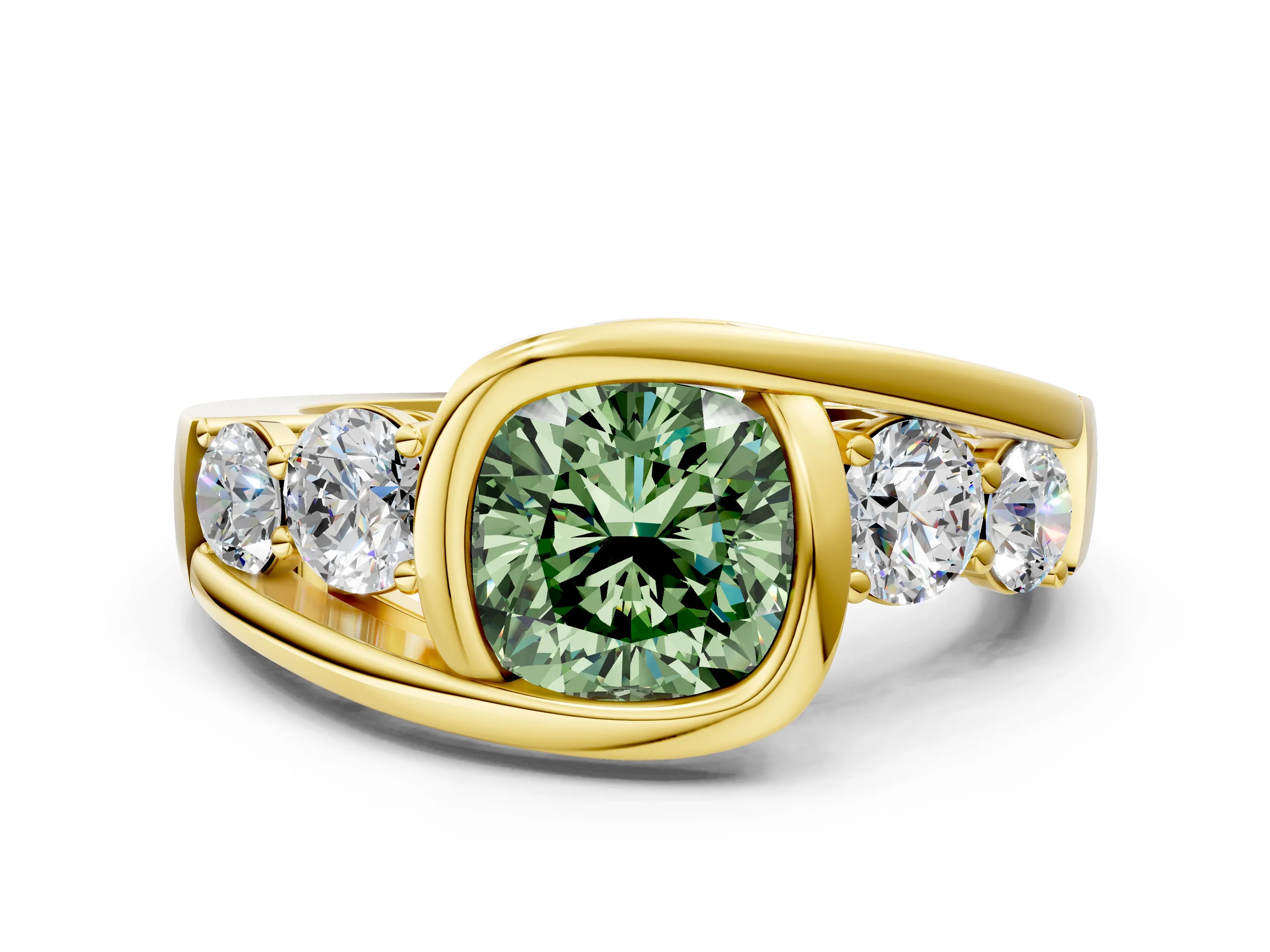 Yellow gold Bezel Set Fancy Green Cushion Cut Diamond Split Shank Ring