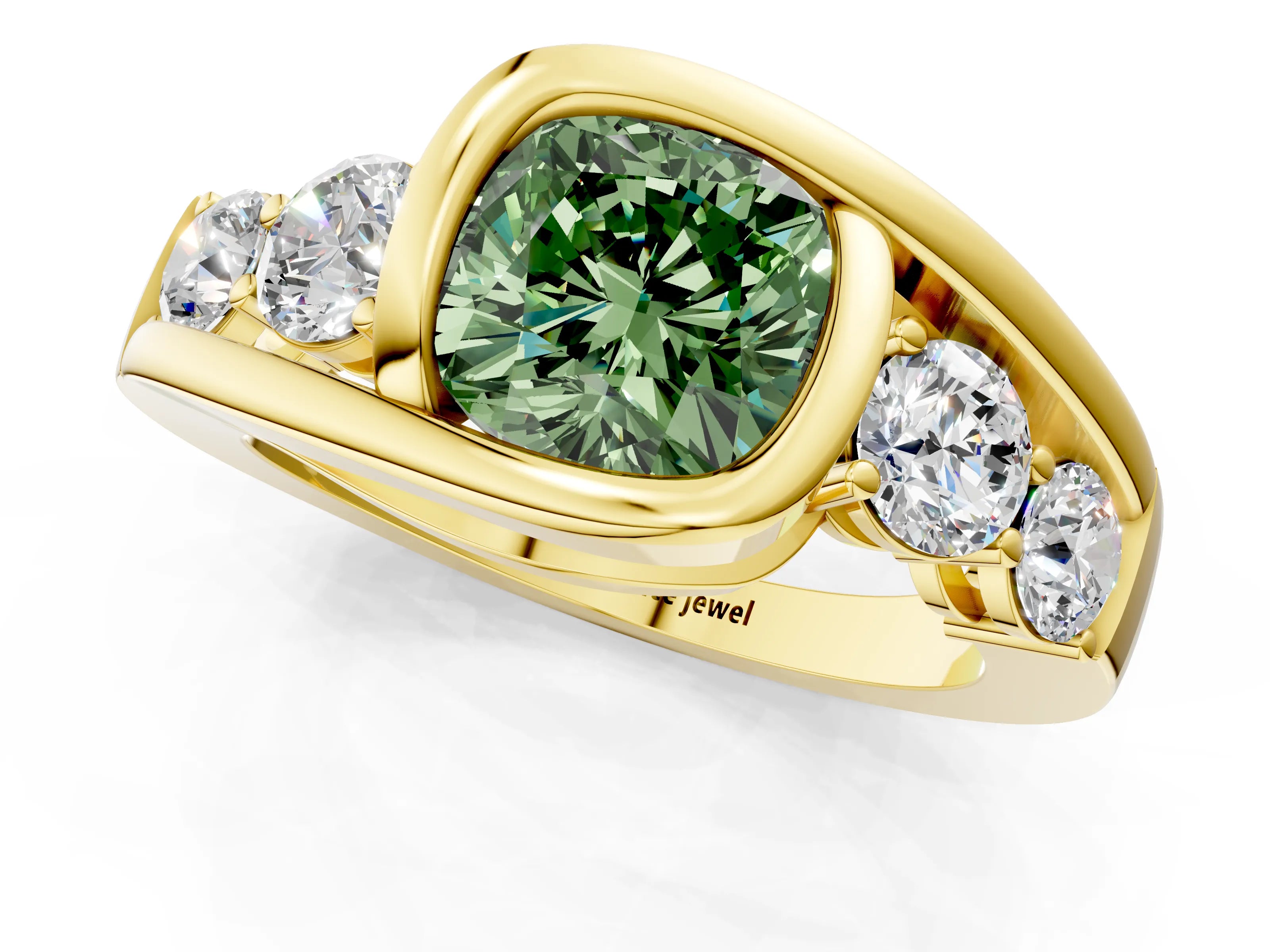 Yellow gold Bezel Set Fancy Green Cushion Cut Diamond Split Shank Ring_1
