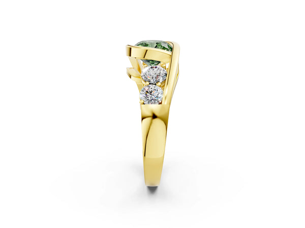 Yellow gold Bezel Set Fancy Green Cushion Cut Diamond Split Shank Ring