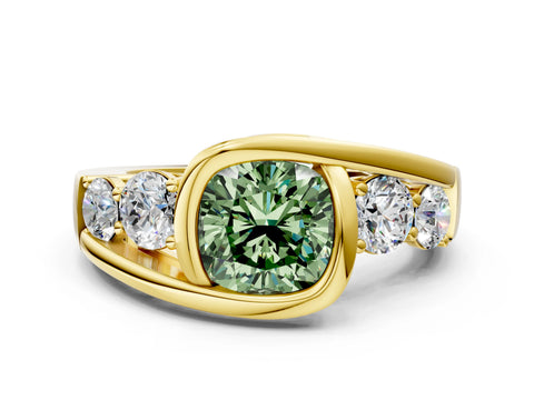Yellow gold Bezel Set Fancy Green Cushion Cut Diamond Split Shank Ring