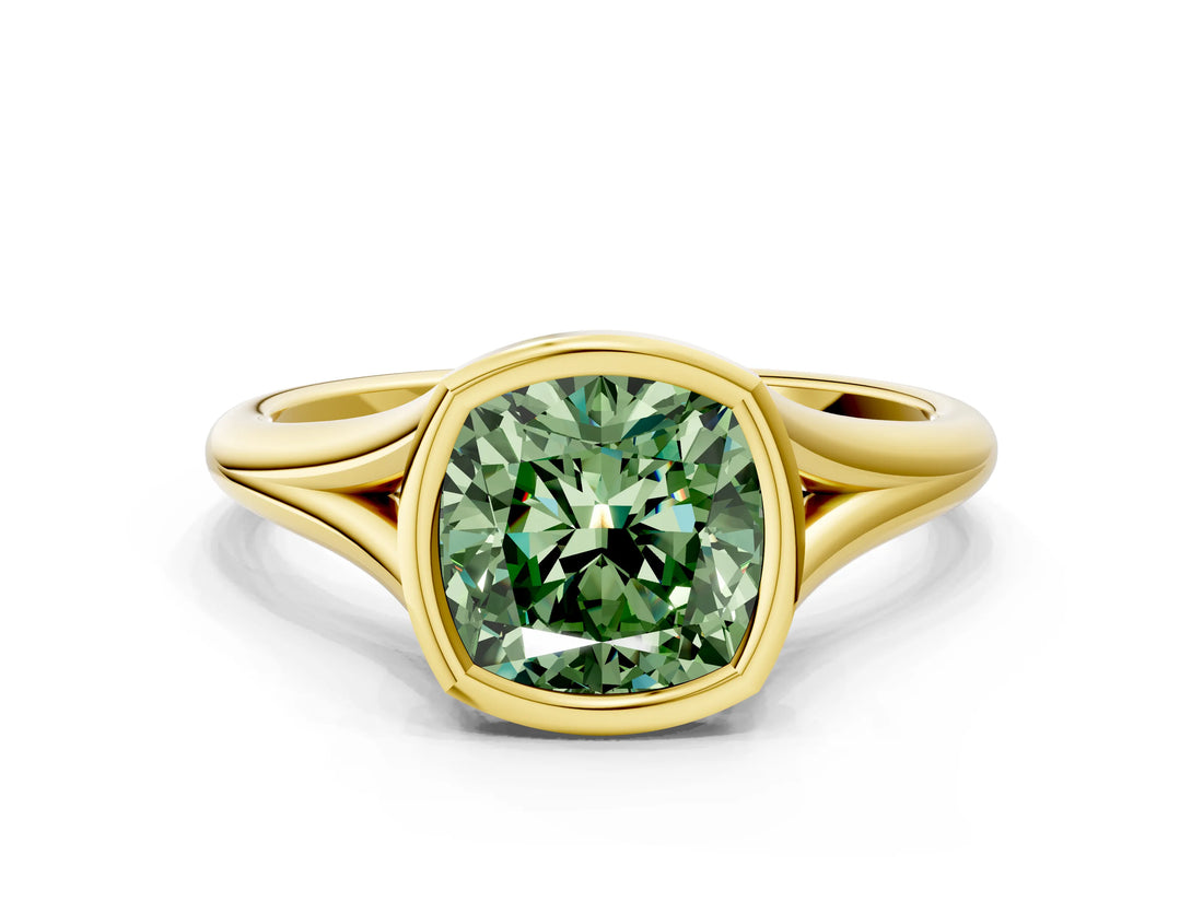 Yellow gold Bezel Set Fancy Green Cushion  Cut Solitaire Ring with Tapered Band 1
