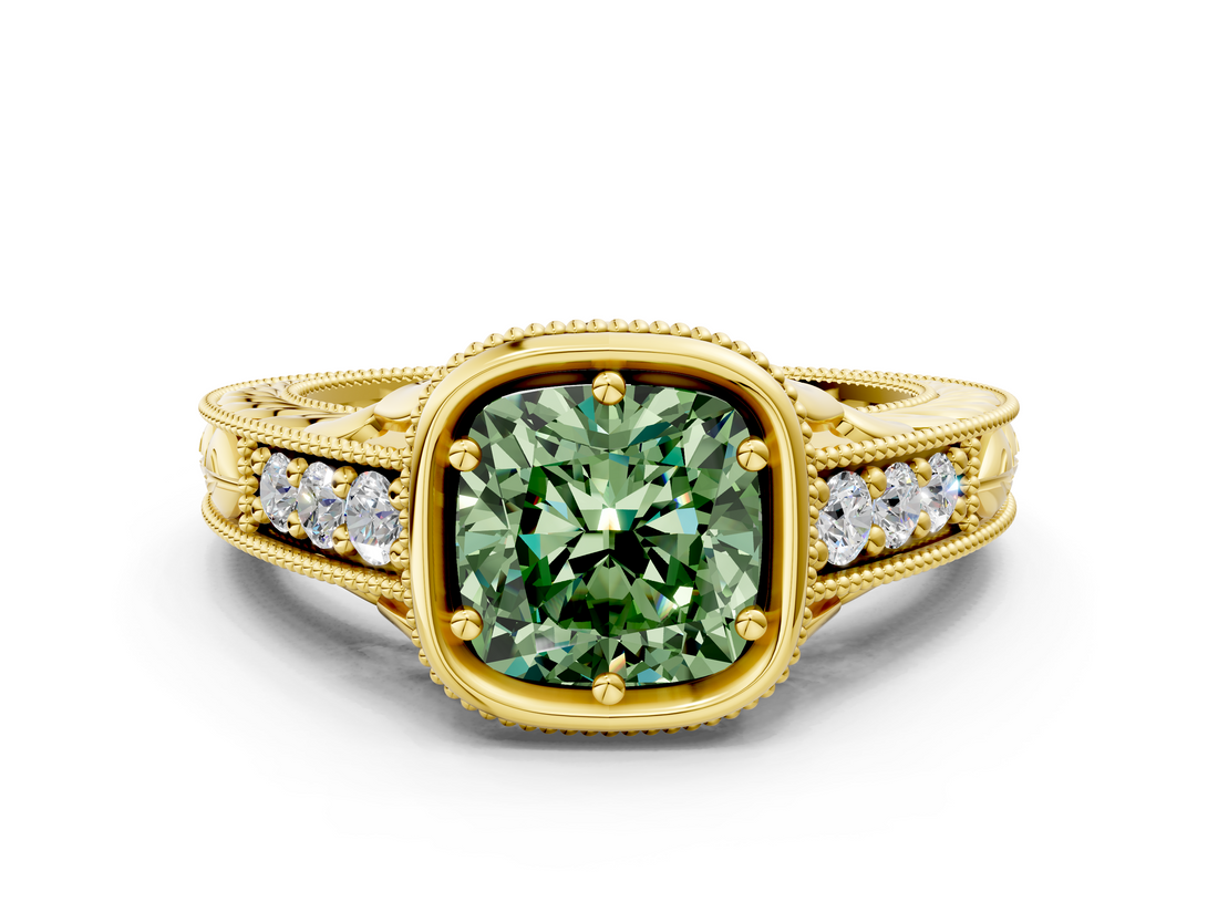 Yellow gold Bezel Set Fancy Green Cushion  Diamond Milgrain Pave Engagement Ring_33
