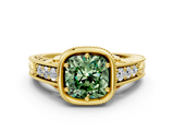 Yellow gold Bezel Set Fancy Green Cushion  Diamond Milgrain Pave Engagement Ring_33