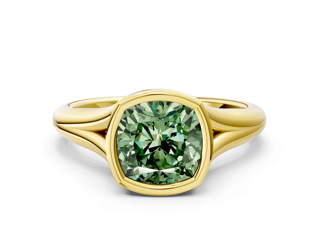 Yellow gold Bezel Set Fancy Green Cushion  Solitaire Diamond Ring with Smooth Band 2