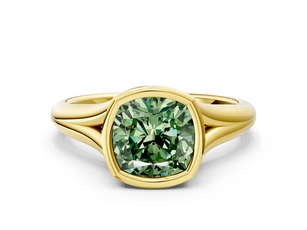 Yellow Gold Cushion Cut Bezel Solitaire Engagement Ring Setting for Fancy Green Center