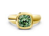 Yellow gold Bezel Set Fancy Green Cushion  Solitaire Ring with Wide Band 1