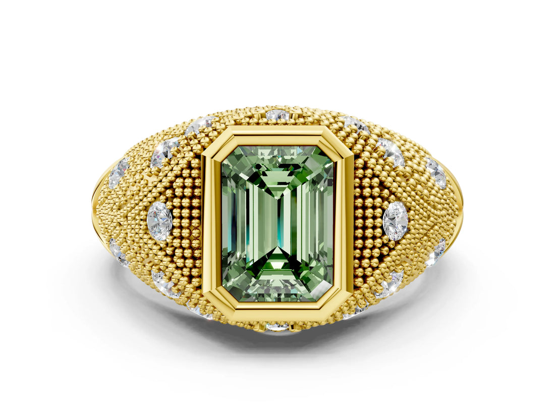 Yellow gold Bezel Set Fancy Green Emerald Cut Diamond Milgrain Band Ring
