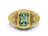 Yellow gold Bezel Set Fancy Green Emerald Cut Diamond Milgrain Band Ring