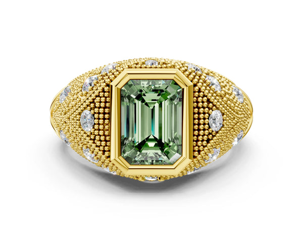 Yellow Gold Emerald Cut Vintage Bezel Engagement Ring Setting for Fancy Green Center with Milgrain