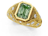 Yellow gold Bezel Set Fancy Green Emerald Cut Diamond Milgrain Band Ring_1