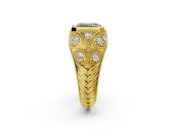 Yellow Gold Emerald Cut Vintage Bezel Engagement Ring Setting for Fancy Green Center with Milgrain