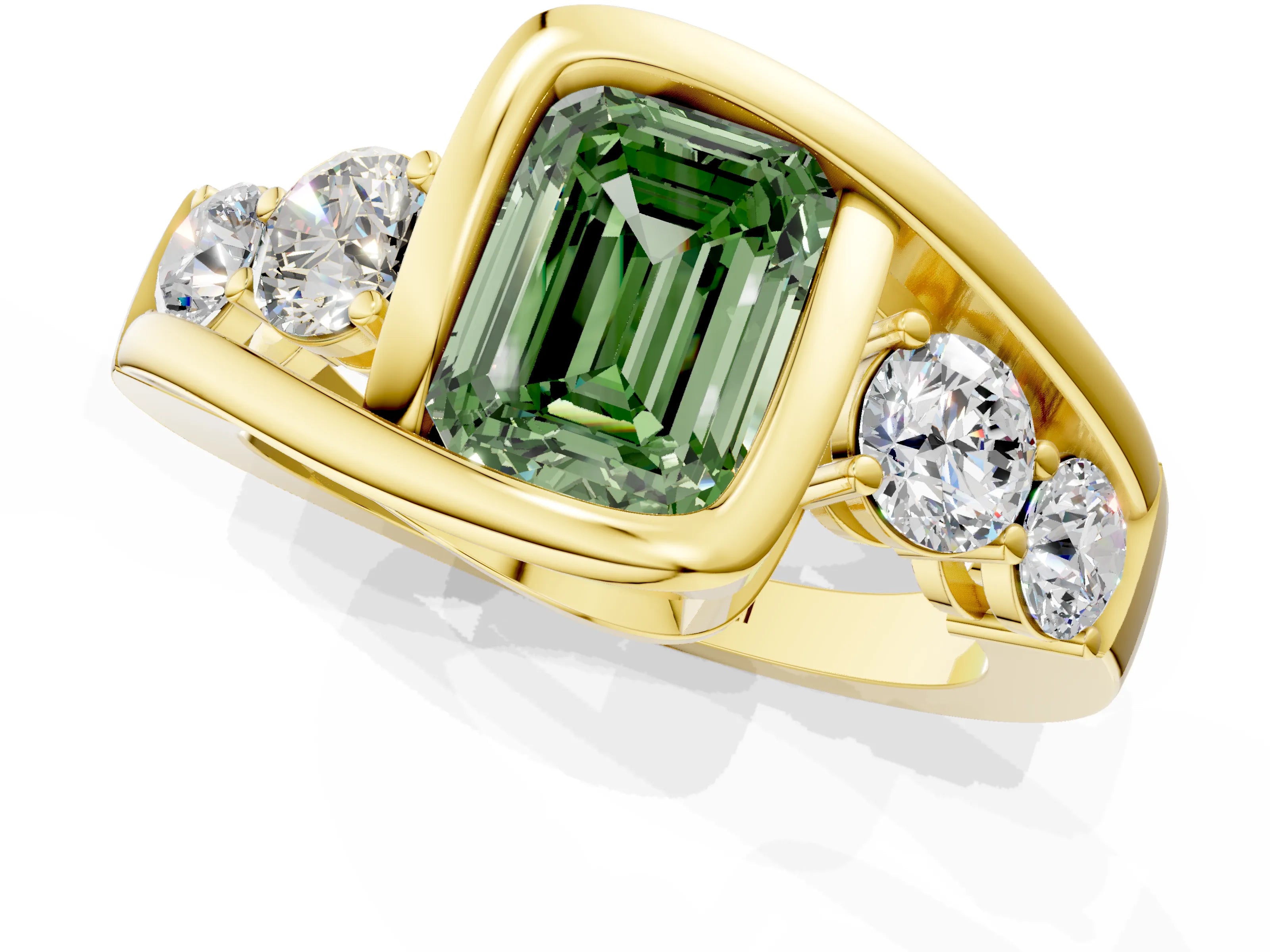Yellow gold Bezel Set Fancy Green Emerald Cut Diamond Split Shank Ring_1