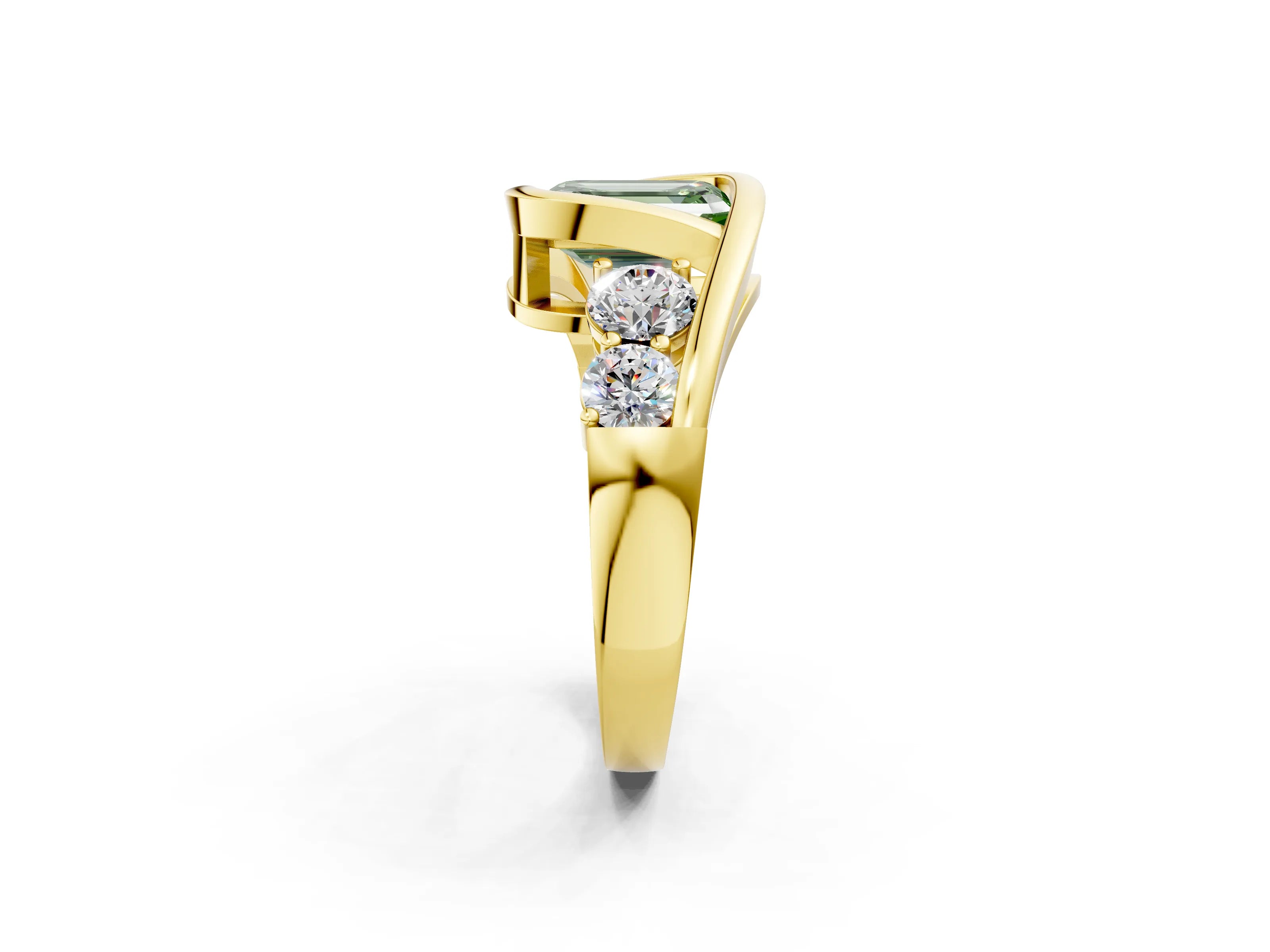 Yellow gold Bezel Set Fancy Green Emerald Cut Diamond Split Shank Ring_2