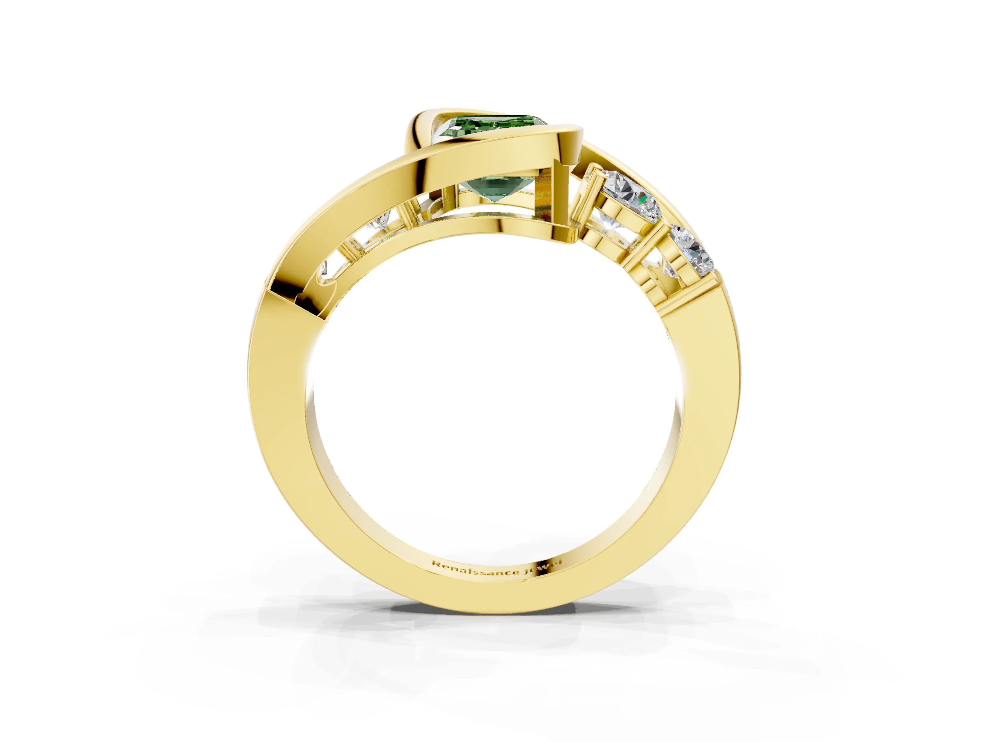 Yellow gold Bezel Set Fancy Green Emerald Cut Diamond Split Shank Ring_3