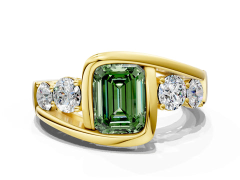 Yellow gold Bezel Set Fancy Green Emerald Cut Diamond Split Shank Ring