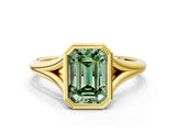 Yellow gold Bezel Set Fancy Green Emerald  Cut Solitaire Ring with Tapered Band 1