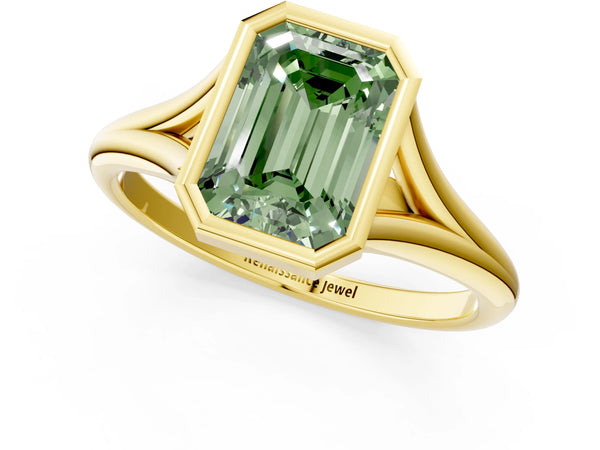 Yellow Gold Emerald Cut Bezel Engagement Ring Setting for Fancy Green Center