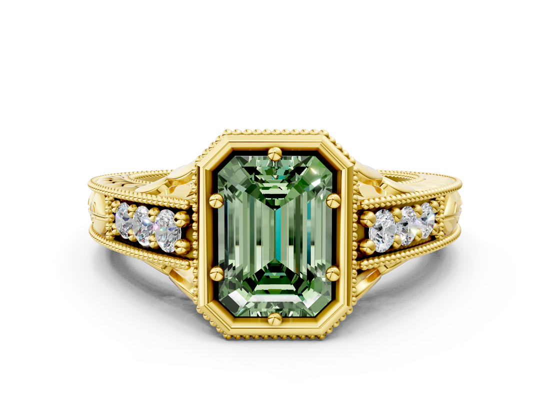 Yellow gold Bezel Set Fancy Green Emerald  Diamond Milgrain Pave Engagement Ring_32