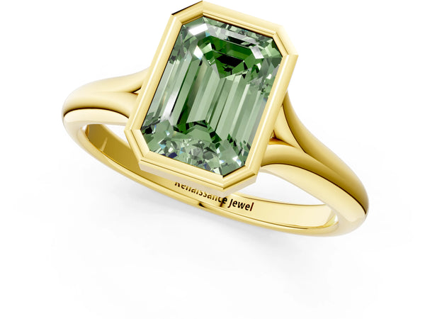 Yellow gold Bezel Set Fancy Green Emerald  Solitaire Diamond Ring with Smooth Band
