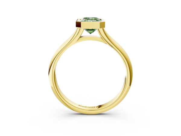 Yellow gold Bezel Set Fancy Green Emerald  Solitaire Diamond Ring with Smooth Band