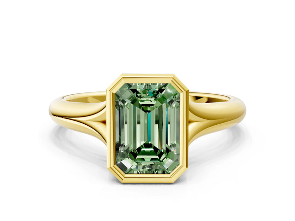 Yellow gold Bezel Set Fancy Green Emerald  Solitaire Diamond Ring with Smooth Band