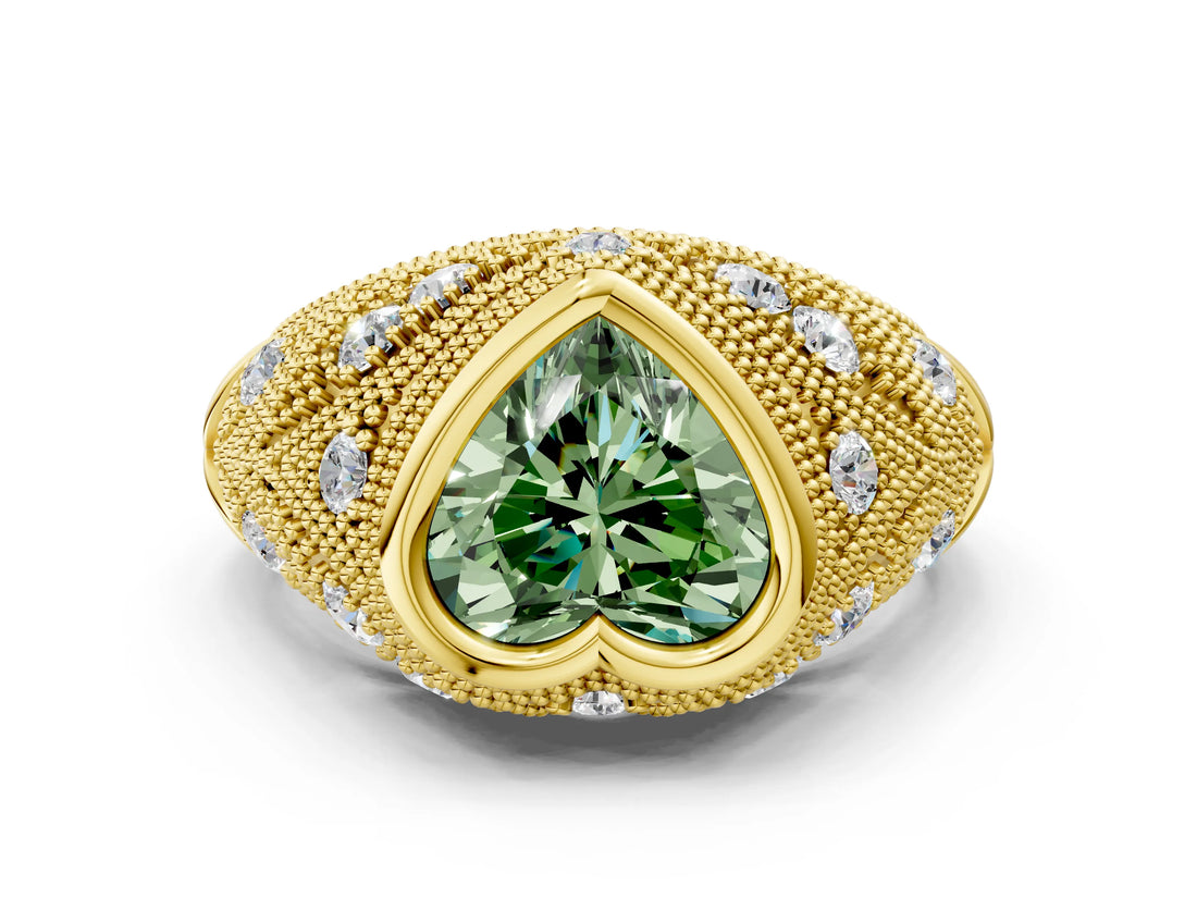 Yellow gold Bezel Set Fancy Green Heart Cut Diamond Milgrain Band Ring