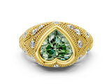 Yellow gold Bezel Set Fancy Green Heart Cut Diamond Milgrain Band Ring