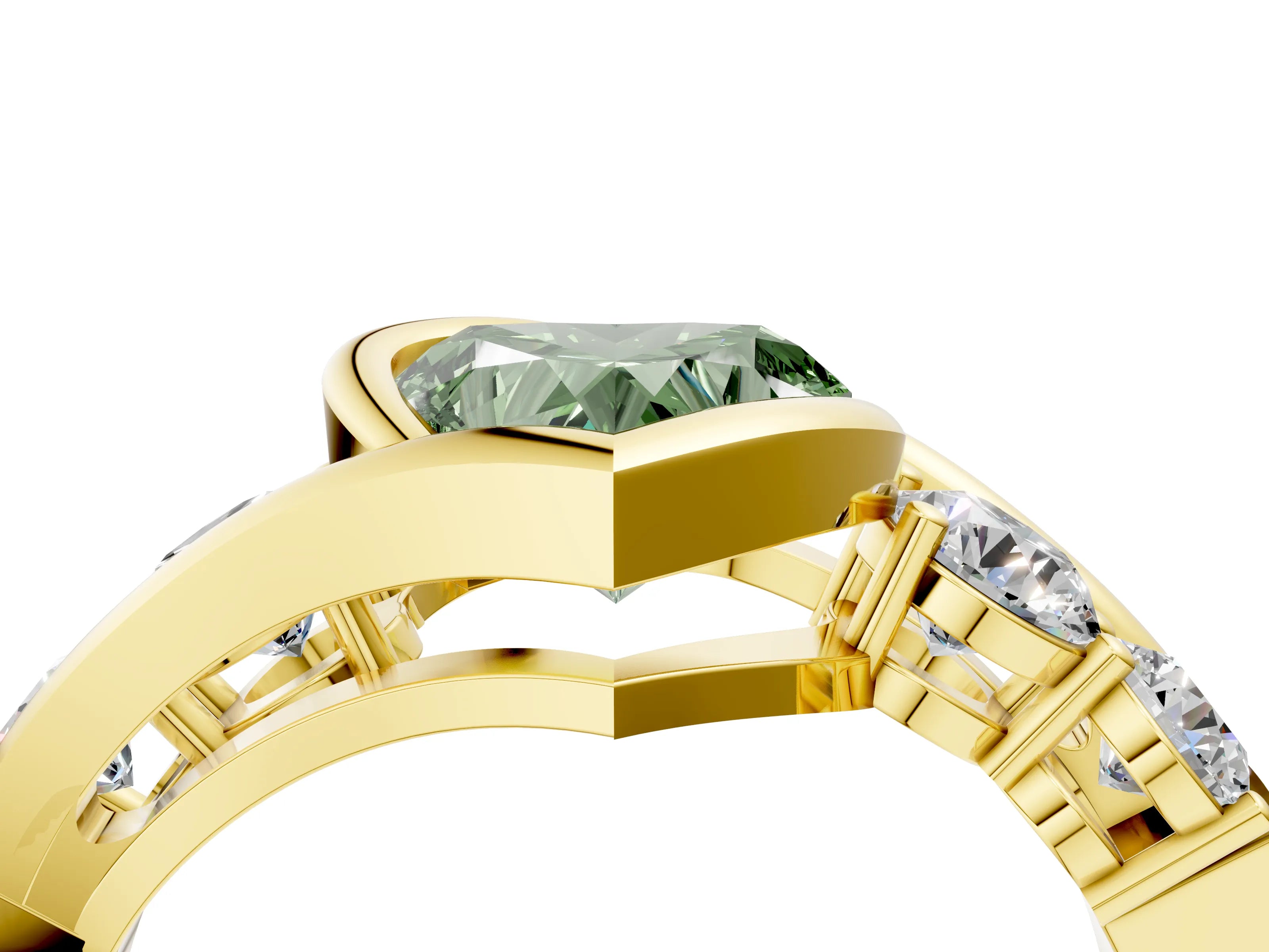 Yellow gold Bezel Set Fancy Green Heart Cut Diamond Split Shank Ring_4