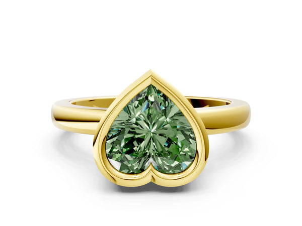Yellow gold Bezel Set Fancy Green Heart Cut Solitaire Engagement Ring with Classic Band