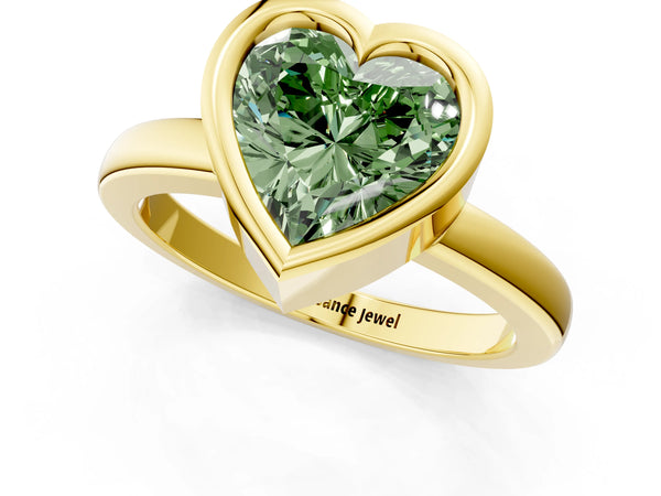 Yellow gold Bezel Set Fancy Green Heart Cut Solitaire Engagement Ring with Classic Band