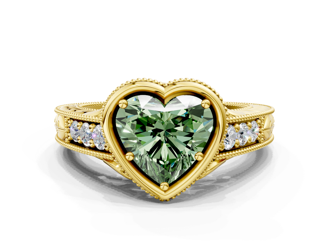 Yellow gold Bezel Set Fancy Green Heart  Diamond Milgrain Pave Engagement Ring