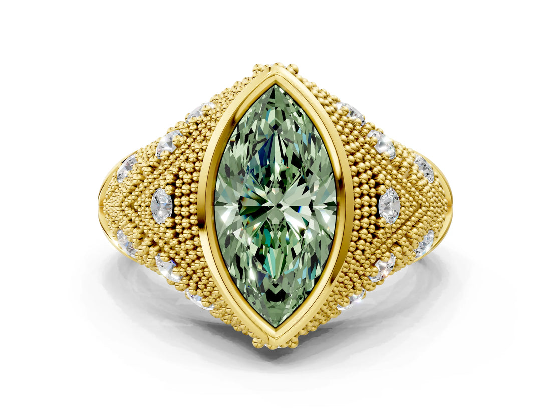 Yellow gold Bezel Set Fancy Green Marquise Cut Diamond Milgrain Band Ring