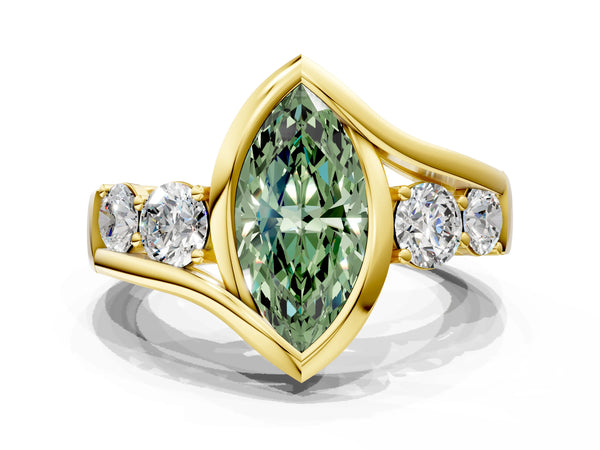 Yellow gold Bezel Set Fancy Green Marquise Cut Diamond Split Shank Ring