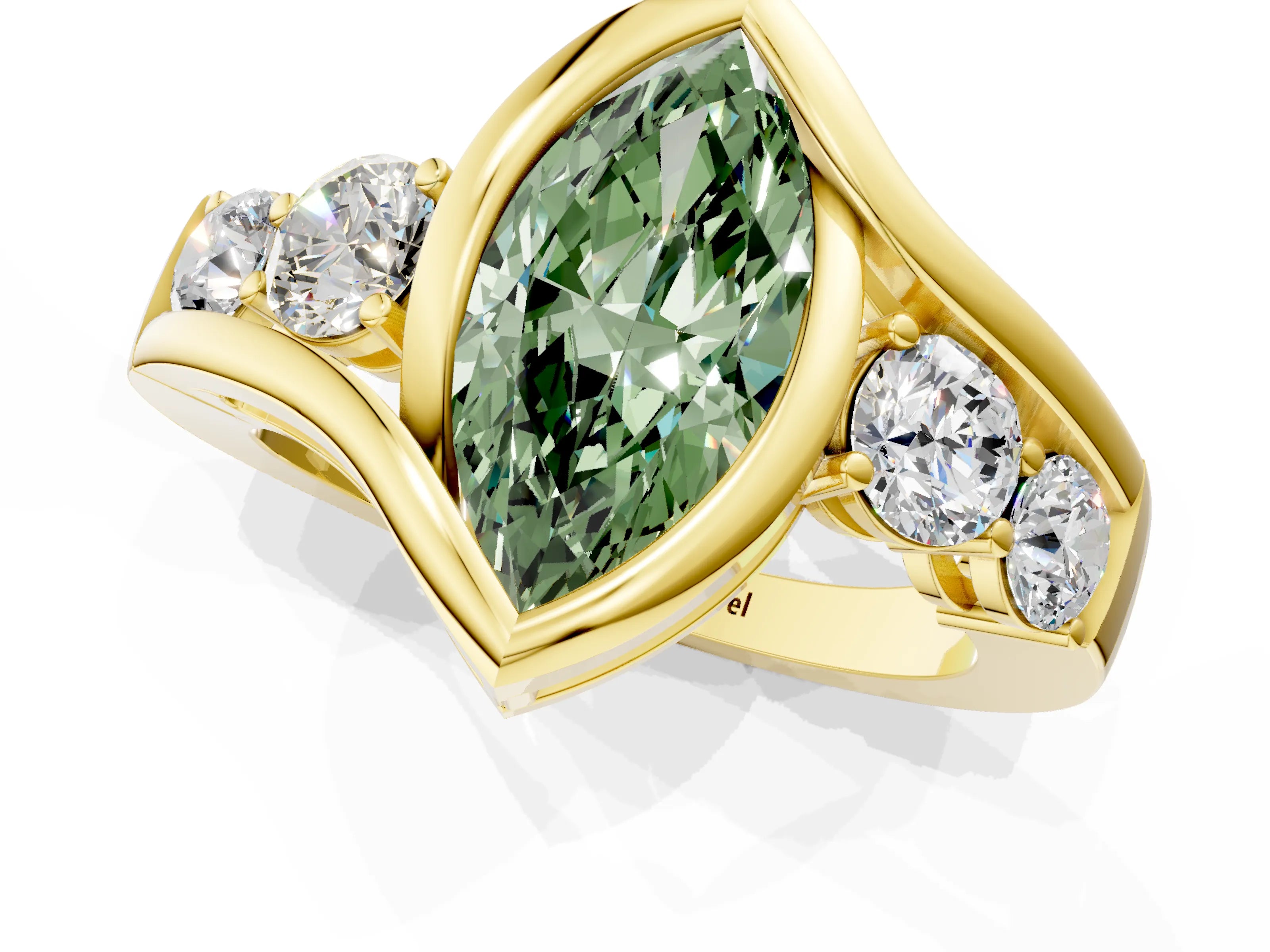 Yellow gold Bezel Set Fancy Green Marquise Cut Diamond Split Shank Ring_1