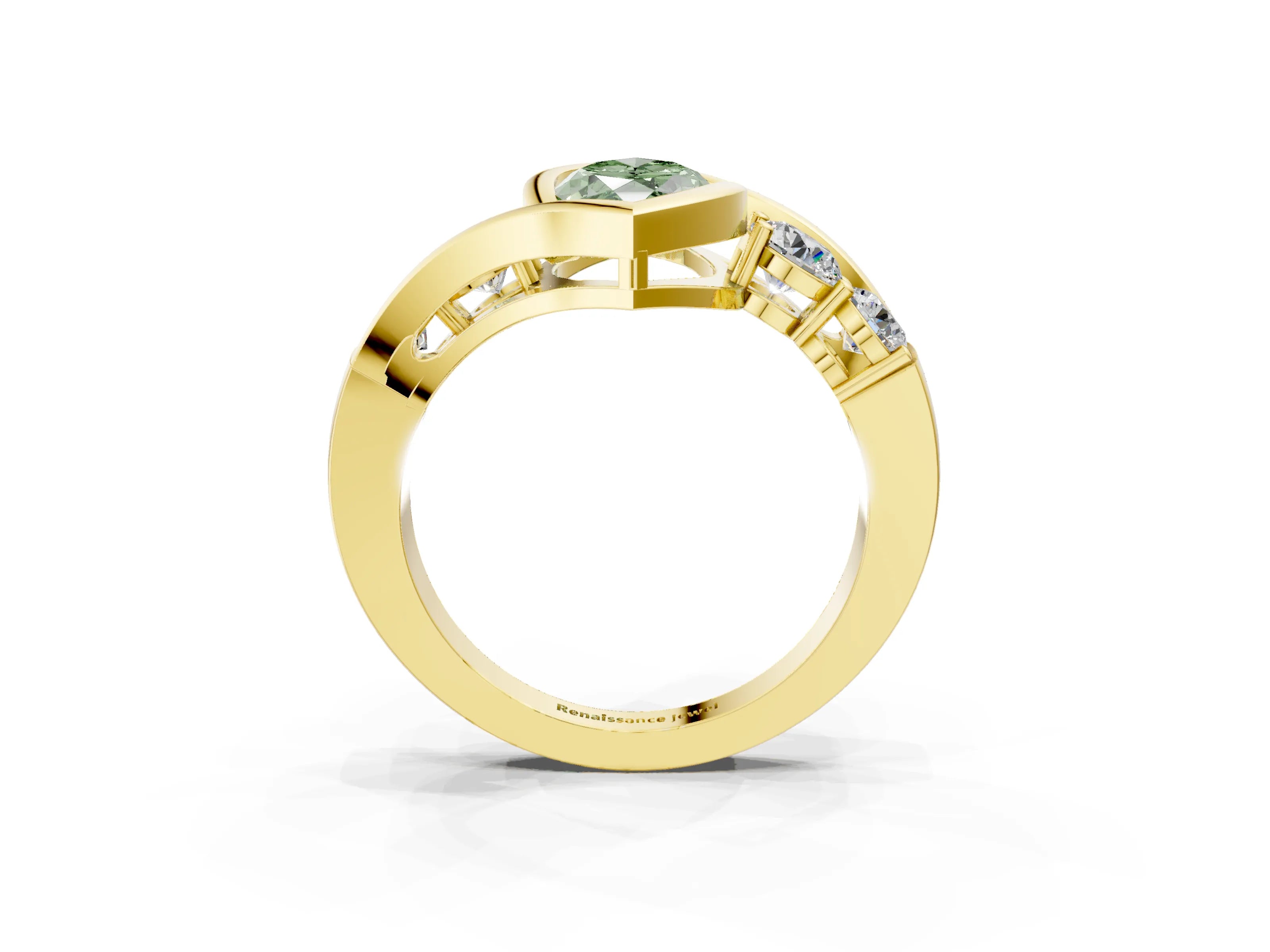 Yellow gold Bezel Set Fancy Green Marquise Cut Diamond Split Shank Ring_3